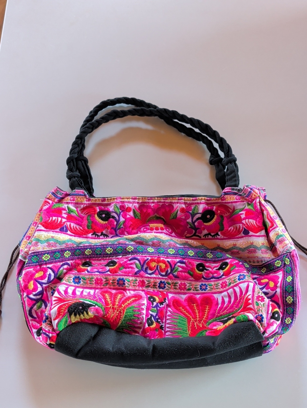Hand-Embroidered Pink Floral Tote Bag